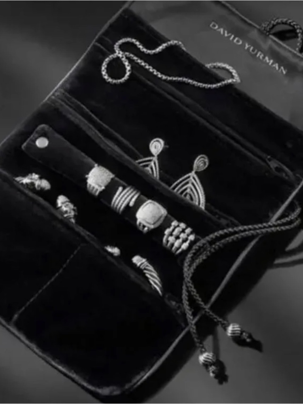 David Yurman Black Velvet Travel Jewelry Roll with Sterling Silver Pieces